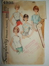 Blouse Tops Simplicity 4935 Sewing Pattern Size 14 Sleeveless Vtg 60's Cut 