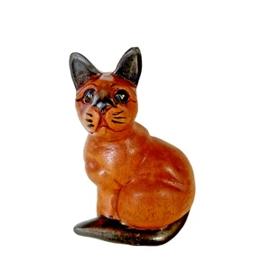 Hand Carved Cat Figurine Wooden Stained Brown with Black Paws and Tail - Picture 1 of 6