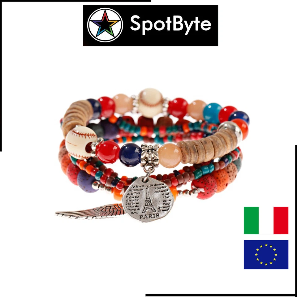 Bracciale Unisex Uomo Donna Hippie con Motivi Multicolore Piuma Tour Eiffel - Immagine 1 di 1