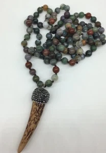 Fashion Long Knot Beads Green Agate w ox horn pendant Necklace Handmade - Picture 1 of 5