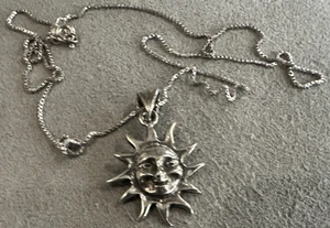 Vintage Sterling Silver Smiling Sun Pendant Necklace 19" - Picture 1 of 8