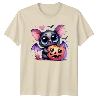 Cute Bat Halloween Pumpkin Mens T-Shirt Womens Tee Graphic Top - Image 1 of 4