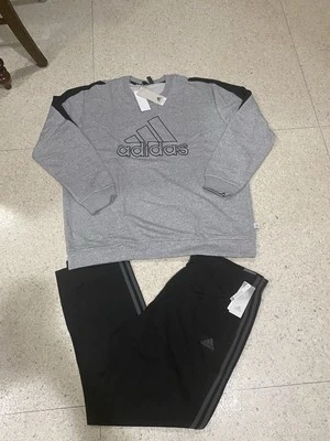 NWT Mens Adidas Crewneck Sweatshirt + Jogger Pants 2 piece Set stripes Grey 2XL - Image 1 of 3