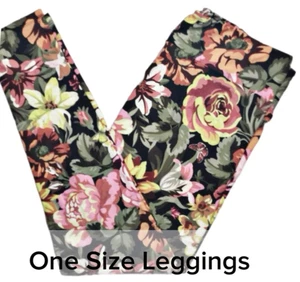 LuLaRoe Womens Leggings OS Green Pink Garden Lily Roses Floral One Size NWT - Picture 1 of 3