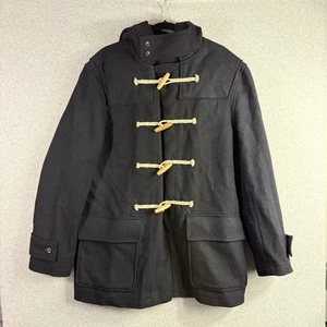 J Crew Duffle Coat Mens Large Navy Hooded Wool Blend Toggle Jacket H0586 - Picture 1 of 10