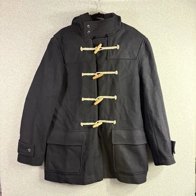 J Crew Duffle Coat Mens Large Navy Hooded Wool Blend Toggle Jacket H0586 - Image 1 of 4