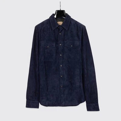 AJMone Barron Suede Shirt Size M (EU50) Men Navy Blue Lambskin Made in Italy - Image 1 of 4