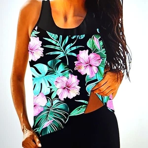 New Swimsuit Tankini & Boyshort Floral Blouson Tummy Control Black & Pink XL - Picture 1 of 7