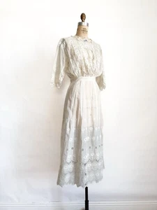 Fantastic Antique 1900s Embroidered Cotton Day Dress Daisies Schiffli Lace S - Picture 1 of 13