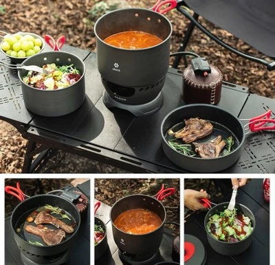 Juego de cocina portátil Camping Essentials utensilios de cocina ollas sartén tapa estuche Foto 1 de 4