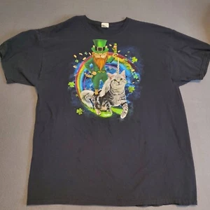 St. Patrick's Day T-Shirt Adult 2XL Black Cat Leprechaun Riding Unicorn Mens - Picture 1 of 8