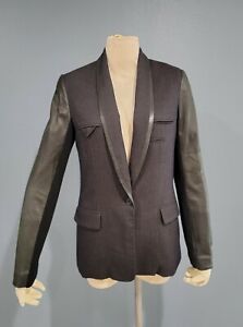 YIGAL AZROUEL black leather and charcoal gray pin striped wool blazer sz 8/10