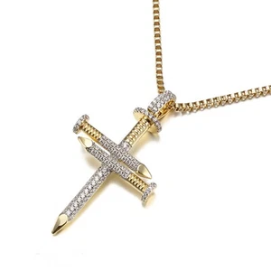 925 Sterling Silver Gold/Silver Colors Nail Cross Pendant With Cubic Zirconia - Picture 1 of 2