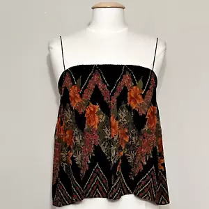 Vintage Womens Top 14 Black Floral Crinkle Pleated Camisole Boho Western Y2K - Picture 1 of 12