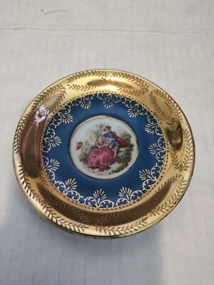 Vintage Arnart Fragonard Small Saucer Plate Courting Couple Blue Beehive Mark 4" - Image 1 of 3