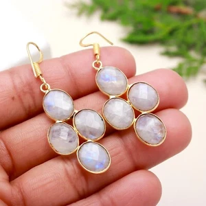 Rainbow Moonstone Gemstone Dangle Earring Handmade 925 Sterling Silver Jewelry - Picture 1 of 6