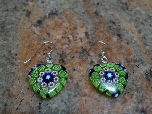 Sterling Silver Murano Millefiori Glass Floral Heart Drop Earrings - Picture 1 of 1