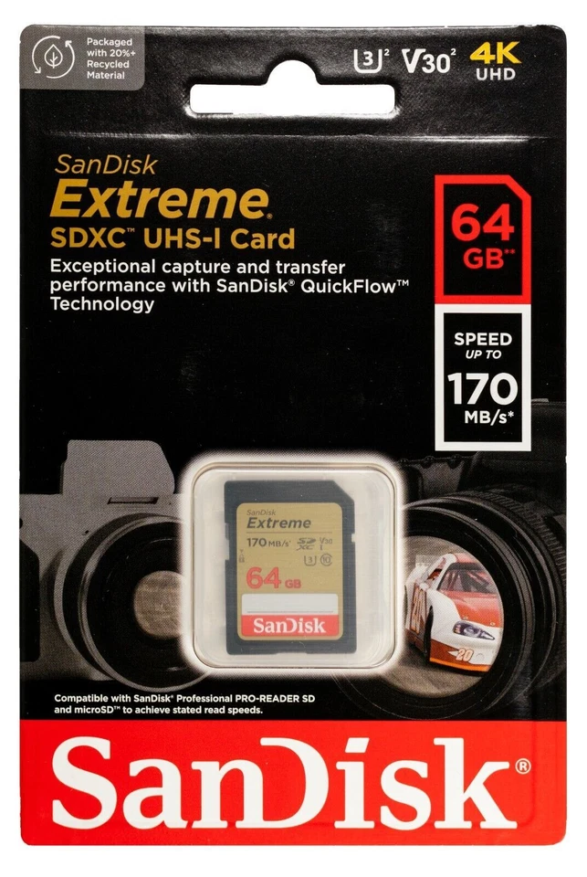 SanDisk 64GB Extreme SDXC 170MB/S U3 V30 4K SD Class 10 Memory Card SDSDXV2-064G - Image 1 of 3