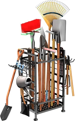 Organizador de herramientas de jardín de 3 niveles, almacenamiento y organización de garaje, herramientas de patio de metal Foto 1 de 4