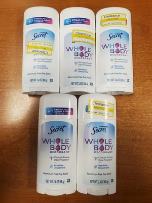 5 Pack: Secret Whole Body Deodorant Stick Unscented 2.4 oz. ea. (9289) R2P2 - Image 1 of 2