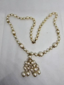Vintage Faux Pearl Tassel Necklace Gold Tone Beads Mid Century Costume Jewelry - Picture 1 of 4