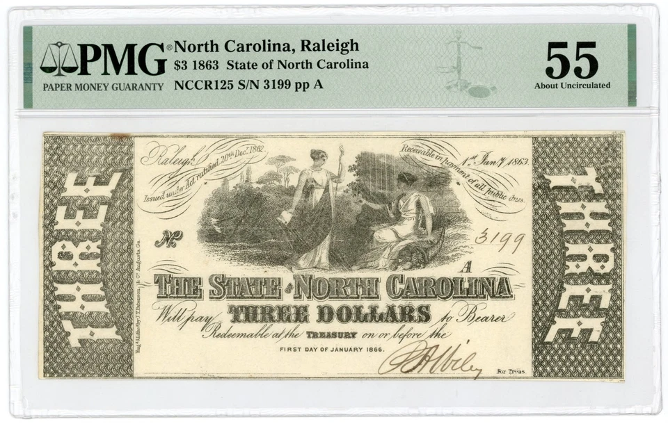 1863 Cr.125 $3 The State of NORTH CAROLINA Note - CIVIL WAR Era PMG AU 55 - Image 1 of 2