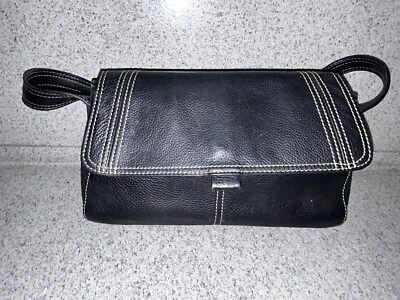 "Precioso monedero Liz Claiborne negro con costuras blancas de 10"" cuero natural" Foto 1 de 4