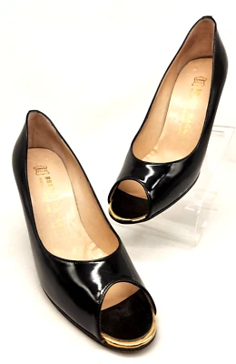 Vntg 70s BRUNO MAGLI Italian Black Patent Leather Open Toe Heels 40.5 EU 10.5 US - Image 1 of 4