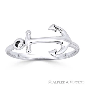 Sailor's Anchor Nautical Luck Charm .925 Sterling Silver Stackable Fashion Ring - Picture 1 of 1
