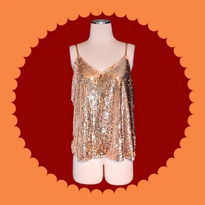 ALLEGRA K Light Orange SEQUIN ALL OVER Glam Cami Tank Top Sleeveless Women's XL - Image 1 of 4