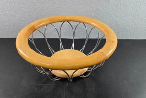 12.5" Round Metal Wood Fruit Vegetable Bowl Basket - Picture 1 of 10