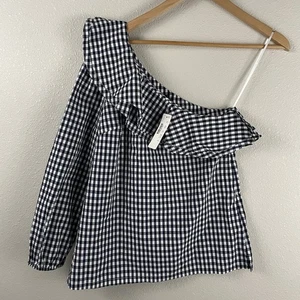 Top J Crew 2T Alto Un Hombro Azul Marino Blanco Guinga Volantes Escote 100% Algodón - Imagen 1 de 5