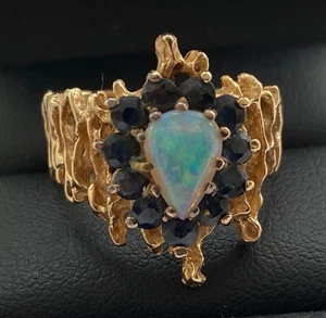 SUPERB MODERNIST LARGE Vintage 14ct Yellow Gold Opal & Sapphire Ring Size N - Picture 1 of 14