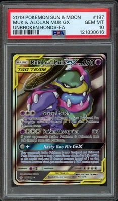 2019 Pokemon Sun & Moon Unbroken Bonds Muk & Alolan Muk GX 197/214 PSA 10 Gem - Image 1 of 2