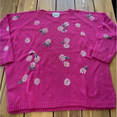 Quacker Factory Vintage Womens Hot Pink Crew Neck Embroidered Floral Sweater 1X - Image 1 of 4