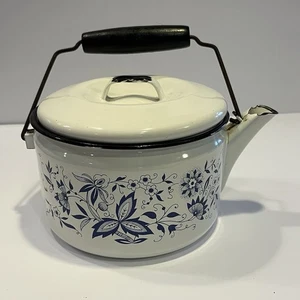 Vintage blaue Zwiebelmuster Donau Stil Emaille Teekanne Metallbügel Holzgriff französisches Landhaus - Bild 1 von 7