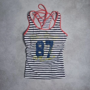 Sporty Y2K Striped Tank Top Womens Medium Bra Tankini Graphic White Athletic Tie - Picture 1 of 9