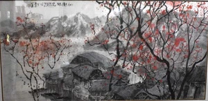 Pintura china Lai Shaoqi 1998 - Pueblo pesquero del lago - Barcos y flores de ciruelo - Imagen 1 de 23