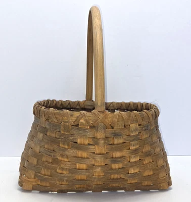 Antique New England Country Wood Splint Basket w/ Handle, Early Primitive - Image 1 of 4