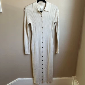 H&M cream ribbed knit button front long sleeve shirt dress SIZE M - Picture 1 of 4