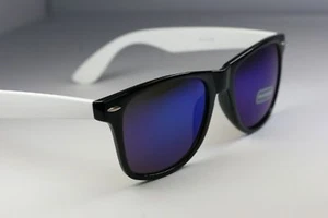 Occhiali da sole nero bianco retrò vintage / con lenti blu ghiaccio specchio anni 80 - Foto 1 di 1