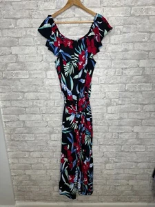 Tommy Bahama Jumpsuit Wide Leg Crop Size XL Black Tropical Off Shoulder Ruffle - Picture 1 of 15