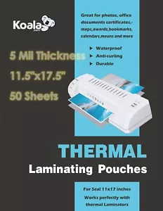 Koala Thermal Laminating Pouches 11.5x17.5 In 50 Sheets 5 Mil Seal 11x17 Menu - Picture 1 of 10