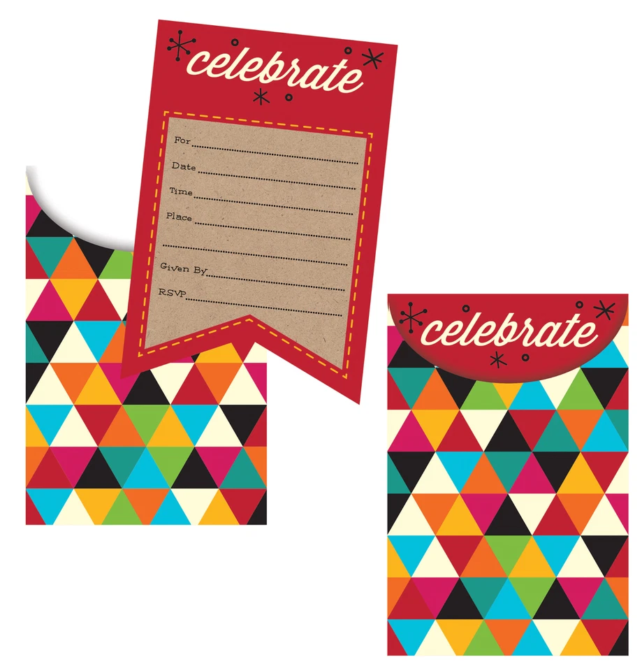 MultiColor Party Invitations Invites Birthday Kraft Triangle Celebrate Party - Image 1 of 1