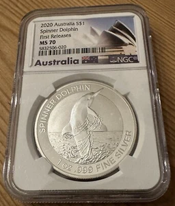 2020 AUSTRALIA SPINNER DOLPHIN SILVER DOLLAR - FIRST RELEASES - NGC - MS70 - Picture 1 of 2