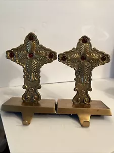 Ornate Brass Glass Jeweled Cross Stocking Hanger Holder Fleur de lis Christmas 2 - Picture 1 of 5