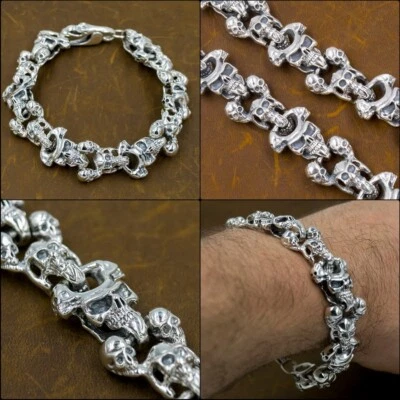 85g 9.5" chunky heavy multi skulls link biker 925 sterling silver mens bracelet - Image 1 of 4