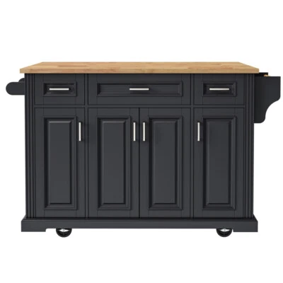 Large Kitchen Island w/ Drop Leaf, 4 Doors, 3 Drawers, 4 Wheels - Rubber Wood - Image 1 of 4