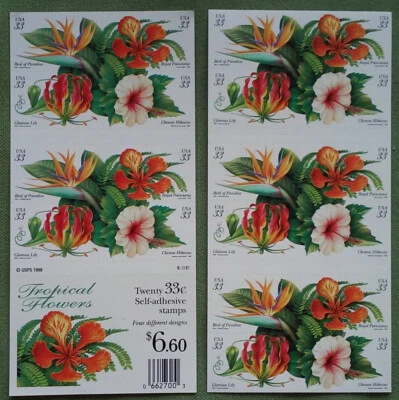Two Booklets Panes x 20 = 40 of TROPICAL FLOWERS 33¢ US Postage Stamps 3310-3313 - Image 1 of 4