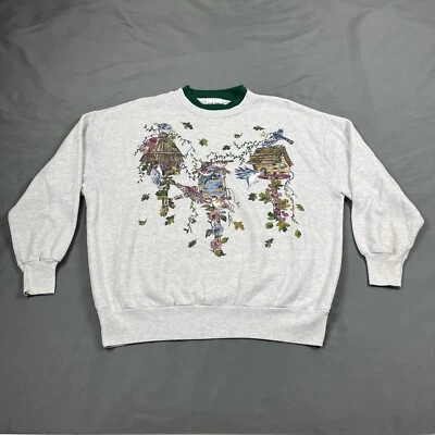 Sudadera Vintage Años 90 Pájaro Jardín Doble Cuello Más Grande Gris Abuela Acrílico De Colección Foto 1 de 4